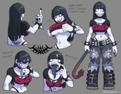 1girls bangs belt blood boots character_sheet crop_top crowbar eyeshadow goth gothic grin krumparrian large_breasts long_tongue middle_finger navel_piercing original original_character pale-skinned_female pale_skin pants punk sharp_teeth solo studded_belt there_will_be_bloodshed tongue_out tongue_piercing torn_clothes torn_pants tramp_stamp underboob zula_(krumparrian)