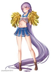 absurdly_long_hair bare_midriff bare_shoulders blush breasts cheerleader clear_glass_(mildmild1311) collarbone commission crop_top female fire_emblem fire_emblem:_the_binding_blade groin highres holding holding_pom_poms long_hair midriff miniskirt navel nintendo pleated_skirt pom_poms purple_eyes purple_hair shirt shoes simple_background skeb_commission skirt sleeveless sleeveless_shirt small_breasts solo sophia_(fire_emblem) stomach twitter_username very_long_hair white_background