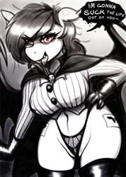 absurd_res bat_pony bottomless breasts clothing dialogue english_text equid fangs female genitals gloves handwear hi_res highleg highleg_panties latex latex_gloves looking_at_viewer mammal membrane_(anatomy) membranous_wings monochrome my_little_pony nipple_outline no_pants panties pussy red_eyes replica_(artist) replica_(oc) restricted_palette solo text thong underwear vampire wings