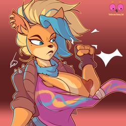 1:1 2020 4_fingers activision annoyed anthro bandanna bandicoot big_breasts blonde_hair blue_eyes bodily_fluids boomerang breasts clenched_fists clothing crash_bandicoot_(series) crash_bandicoot_4:_it's_about_time creamyowl dyed_hair ear_piercing earrings erect_nipple female fingerless_gloves fingers furry gloves handwear hi_res jacket lactating lactation mammal marsupial mole_under_eye naughty_dog nipples piercing pirate_tawna shirt short_blonde_hair short_hair simple_background solo tan_body tawna_bandicoot tawna_bandicoot_(crash_4) text topwear torn_clothing torn_shirt twitter_link twitter_url url video_games