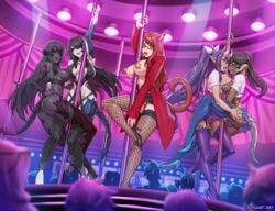 5girls au_ra black_hair black_sclera brown_hair cat_ears cat_tail coat elf_ears final_fantasy final_fantasy_xiv garter_belt garter_belt_leggings garter_straps glasses heels horns leggings licking money money_under_clothes multiple_girls pasties pointy_ears purple_hair raen red_eyes red_hair saliva schoolgirl_outfit see-through sefuart skirt square_enix string_panties strip_club stripper stripper_pole stripping tail third-party_edit tongue tongue_out trenchcoat xaela yuri