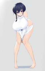 alternate_breast_size barefoot black_hair blue_eyes blush braid breasts female flying_sweatdrops full_body highres huge_breasts image_sample kohiruimaki_karen leaning_forward libre long_legs looking_at_viewer meme_attire pixiv_sample smile solo standing sweater sweater_tug sword_art_online sword_art_online_alternative:_gun_gale_online turtleneck virgin_killer_sweater