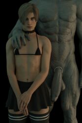 2boys 3d big_dom_small_sub capcom choker cock_ring crossdressing emberstock femboy feminization gay girly hair_over_one_eye hand_over_shoulder huge_cock larger_male leon_scott_kennedy light-skinned_femboy male male_only mr_x mutant nightmare_husbando resident_evil resident_evil_2 resident_evil_2_remake size_difference skirt smaller_male thighhighs tyrant tyranted yaoi