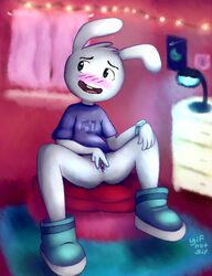 adventure_time adventure_time_distant_lands anthro bedroom blush boots bottomless cartoon_network clock clothed clothing embarrassed female footwear genitals hi_res lagomorph leporid mammal open_mouth pussy rabbit shirt solo spread_legs spread_pussy spreading t-shirt topwear watch y5 y5_(adventure_time) yiffnotgif