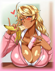 1girls :>= banana between_breasts blonde_hair blowjob blush breast_press breasts breasts_on_table cleavage dark_skin fellatio fellatio_gesture female female_only food fruit gyaru heart highres kuro_gyaru large_breasts looking_at_viewer naughty_face ouga_saki rating school_uniform sexually_suggestive shiny shiny_hair shiny_skin smile solo table teasing teasing_viewer upper_body virtual_youtuber wiz_coolhait