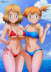 2girls arm_on_shoulder background beach belly_button bikini bikini_bottom bikini_top blonde_hair blue_bikini blue_eyes blush cleavage female female_only hand_behind_back hand_on_waist holding_each_other human kasumi_(pokemon) looking_at_viewer misty_(pokemon) multiple_girls nintendo nipples_visible_through_clothing orange_hair pokemon pokemon_xy red_bikini revealing_clothes serena_(pokemon) short_hair side_ponytail slim_waist string_bikini thighs zel-sama