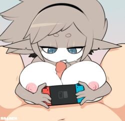 areola big_breasts bodily_fluids breasts female genitals hi_res huge_breasts human male mammal nintendo nintendo_switch nipples paizuri penis pupils sataenart sex sharkstack_(sataenart) slit_pupils straight sweat titjob video_games