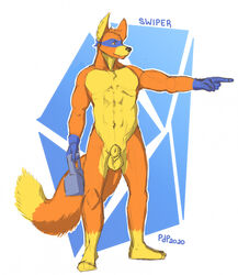 2020 abs animal_genitalia anthro balls biceps blue_background canid canine clothing dipstick_tail domino_mask dora_the_explorer fangs fluffy fluffy_tail fox frown fully_sheathed fur genitals gesture gloves handwear head_tuft hi_res holding_object inner_ear_fluff leg_markings looking_away male male_only mammal markings mask multicolored_tail muscular muscular_anthro muscular_male navel nickelodeon nude orange_body orange_eyes orange_fur outline pecs penis plaguedoctorprincess pointing portrait sheath signature simple_background sketch socks_(marking) solo standing swiper toolbox tuft yellow_body yellow_fur