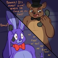 aquas_sirenix blue_eyes bonnie_(fnaf) clothing five_nights_at_freddy's freddy_(fnaf) genitals hat headgear headwear hi_res humor lagomorph leporid male mammal penis rabbit text top_hat ursid video_games