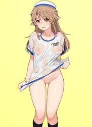 absurdres black_legwear bottomless braid breasts brown_eyes censored collarbone covered_nipples female heart heart_censor high_school_fleet highres kouko_nosa long_hair looking_at_viewer no_bra onsen_tamago_(hs_egg) see-through see-through_clothing shirt shirt_lift solo wet wet_clothes wet_shirt