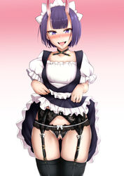 alternate_costume apron bangs blunt_bangs blush bob_cut bow breasts censored choker collarbone commentary_request cowboy_shot crotchless crotchless_panties dress enmaided eyelashes eyeliner fate/grand_order fate_(series) female frilled_dress frills garter_straps gradient gradient_background highres horns lc_7v2 lifted_by_self lingerie looking_at_viewer maid maid_apron maid_headdress makeup medium_hair oni oni_horns open_mouth panties pink_background puffy_short_sleeves puffy_sleeves purple_eyes purple_hair shiny shiny_hair short_sleeves shuten_douji_(fate) skin-covered_horns skindentation skirt skirt_lift small_breasts solo thighhighs underwear white_background