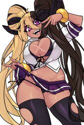 1girls \m/ ahoge aife_(zanamaoria) big_horns blonde_hair bracelet brown_hair cleavage curved_horn fangs female female_only hair_on_horn happy heart_tan horns legwear long_hair looking_at_viewer miniskirt open_clothes peace_sign pink_eyes pink_nails ring rolled_up_sleeves saane school_uniform side-tie_bikini side-tie_panties skirt_lift slit_pupils smiling solo solo_female succubus tan_skin tanline thick_thighs thigh_squish torn_legwear two_tone_hair viewed_from_below white_background