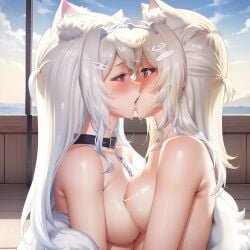 2girls ai_generated breast_press collar dog_ears dog_girl female/female female_only fuwamoco fuwawa_abyssgard hololive hololive_english hololive_english_-advent- kissing lesbian_kiss mococo_abyssgard saliva sisters stable_diffusion twincest virtual_youtuber white_hair yuri