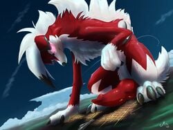 2020 animal_genitalia animal_penis anthro big_penis bodily_fluids canid canine canine_penis city cloud crouching destruction erection fur genital_fluids genitals glowing glowing_eyes hi_res knot looking_down lycanroc macro magpi male mammal mega_macro midnight_lycanroc night nintendo outside penis pokémon_(species) pokemon precum precum_pool purple_eyes red_body red_fur red_penis sky solo star starry_sky video_games