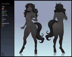 2020 anthro apple-faced ass black_body black_hair brown_eyes digital_media_(artwork) equid equine front_view full-length_portrait genitals girly hair hi_res hooves horse humanoid_genitalia humanoid_penis long_hair looking_at_viewer male mammal model_sheet multiple_poses navel nude penis portrait pose rear_view signature simple_background solo standing teeth