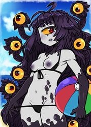 1girls ahoge areolae ball beach bikini_top_down black_hair bodily_fluids breasts cyclops female female_only gazer_(monster_girl_encyclopedia) holding_ball lewderie long_hair looking_away messy_hair monster_girl monster_girl_encyclopedia multi_eye nipples pale-skinned_female pale_skin panties_pull red_eyes side-tie_bikini side-tie_panties slimy_body small_breasts solo solo_female tentacle tentacle_eye tentacle_hair very_high_resolution yellow_sclera