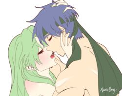 aibee_honey blue_hair closed_eyes elincia_ridell_crimea fire_emblem fire_emblem:_path_of_radiance fire_emblem:_radiant_dawn green_hair ike_(fire_emblem) kissing nail_polish nails open_mouth saliva saliva_trail straight wholesome