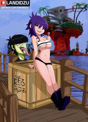 1girls breasts cameltoe erect_nipples female female_only gorillaz green_eyes innie_pussy landidzu murdoc_niccals nipples nipples_visible_through_clothing noodle_(gorillaz) noodle_(plastic_beach) panties purple_hair revealing_clothes skimpy smile solo tagme tank_top underboob