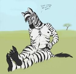 2017 5_toes anthro black_nipples black_pussy blue_eyes breasts crossed_ankles dialogue english_text equid equine feet female genitals humanoid_feet looking_at_viewer mammal nipples nude on_ground pussy serb simple_background sitting soles solo text toes zebra