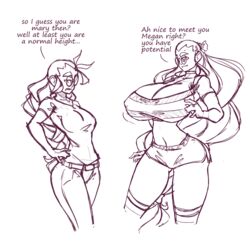 2girls amazon ass ass_visible_through_thighs big_ass big_breasts black_and_white breasts brother_complex choker cleavage dialogue glasses huge_breasts jeans long_hair looking_at_another mary_northgard megan_james_(n647) monochrome n647 nipple_bulge nipples_visible_through_clothing shorts size_difference sketch skimpy t-shirt taller_girl text thick_eyebrows thick_thighs thin_waist voluptuous wide_hips