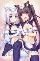 2girls :3 :o animal_ears animal_tail bangs bare_shoulders belly belly_button blue_eyes blunt_bangs blush breasts brown_eyes cat_ears cat_tail catgirl chocola_(sayori) cleavage cute elbow_gloves eyebrows_visible_through_hair female_only fringe gloves high_resolution highres jingle_bell kaptivate legwear linea_alba long_hair maid maid_outfit maid_uniform navel nekomata nekomimi nekopara pigtails revealing_clothes skirt slim_waist small_breasts tail twintails vanilla_(sayori) white_gloves