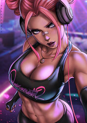 1girls abs big_breasts breasts bubble_(dandon_fuga) cleavage dandon_fuga dark-skinned_female dark_skin dj female female_only headphones large_breasts lipstick midriff muscles muscular muscular_female original original_character pink_hair solo