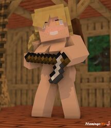 1girls 3d blonde_hair cammie_(flamingono) cubic_breasts farmgirl female flamingono freckled_skin freckles horse horse_(minecraft) looking_at_viewer mine-imator minecraft naked nude oc original_character