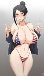 1girls american_flag american_flag_bikini asymmetrical_hair bare_shoulders bijin_onna_joushi_takizawa-san bikini black_hair blazer blush breasts brown_eyes clavicle cowboy_shot curvy double_v earrings embarrassed female female_only female_solo flag_bikini flag_print furrowed_eyebrows gradient gradient_background grey_background hair_bun handplug hi_res high_resolution huge_breasts jacket jewelry large_breasts long_hair looking_at_viewer mature mature_female mole mole_under_mouth navel necklace open_blazer open_clothes open_jacket plain_background simple_background skindentation solo standing sweatdrop swimsuit takizawa_kyouko tied_hair v voluptuous wavy_mouth wide_hips