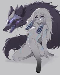 1boy 1girls anthro ass black_fur blue_eyes breasts edit fangs female furry glowing_markings highres kindred lamb_(league_of_legends) league_of_legends male mask neon_trim nipples nude open_mouth riot_games white_fur white_hair wolf wolf_(league_of_legends)