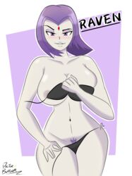 1girls big_breasts bikini breasts dc dc_comics doctorbuguer grey_skin pubic_hair purple_background purple_eyes purple_hair rachel_roth raven_(dc) straight_hair teen_titans