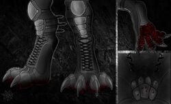 2020 4_toes black_boots blood bodily_fluids boots claws clothing digital_media_(artwork) digitigrade foot_shot footwear gore hi_res insole laces micro shoe_soles slegar toes zero_pictured