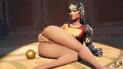 3d anal_insertion anal_masturbation balls bionic_arm blizzard_entertainment brown_skin clenched_teeth closed_eyes crown dark-skinned_female dark_hair denisem earrings female headgear indian necklace overwatch partially_clothed partially_nude pussy solo_female symmetra tagme yellow_nail_polish yellow_nails