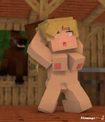 1girls 3d blonde_hair blush cammie_(flamingono) cubic_breasts farmgirl female flamingono freckled_skin freckles horse horse_(minecraft) mine-imator minecraft naked nude oc on_knees original_character