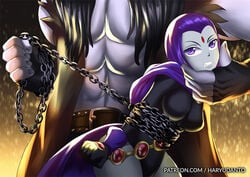 1boy 1girls abs chains dc dc_comics female forehead_jewel haryudanto lobo_(dc) male patreon_username purple_eyes purple_hair rachel_roth raven_(dc) restrained straight_hair teen_titans