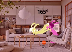 2020 absurd_res anthro anthro_on_anthro blush cunnilingus duo edit erection female furniture genitals hi_res ikea lagomorph leporid looking_back male male/female mammal nude oral penis photo_background photo_manipulation pomme_d'amour rabbit sex side_view sofa text translation_request vaginal_penetration