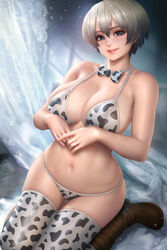 1girls big_breasts blue_eyes bra breasts busty cleavage clothed clothed_female cow_bikini cow_print female female_focus female_only fully_clothed hourglass_figure neoartcore panties pinup pinup_pose pixie_cut pose posing short_hair silver_hair solo solo_female solo_focus thighhighs tomboy underwear uzaki-chan_wa_asobitai! uzaki_hana very_short_hair wide_hips