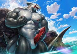 anthro biped cloud fin fish genitals gills glistening glistening_body grey_body grey_skin male male_only marine nipple_fetish nipple_play nipples nude nviek5 outside penis rock sea shark sky solo tongue tongue_out water