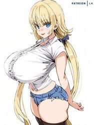 1girls 3:4 animated asanagi big_breasts blinking blonde_hair blouse blue_eyes blush blushing bouncing_breasts breasts curvy erect_nipples female female_only hips huge_breasts large_ass large_breasts lk long_hair nipple_bulge original_character shorts sideboob skimpy_clothes smile smiling smiling_at_viewer solo solo_female standing thick thick_ass thick_thighs thighs voluptuous wide_hips