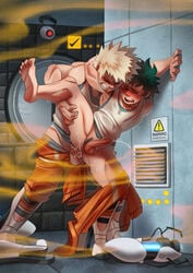 2boys anal aphrodisiac barefoot blonde_hair clothed_sex cosplay crossover cum cum_in_ass footwear gay green_hair human izuku_midoriya katsuki_bakugou long_fall_boots male male_only my_hero_academia pale_skin pants_down penis portal portal_(series) portal_gun pubic_hair testicles weapon wildmage yaoi