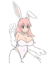 4_fingers animal_humanoid bare_shoulders big_breasts blush breasts bunny_costume bunny_ears bunny_girl bunnygirl bunnysuit cleavage clothed clothing costume drawn eyebrow_through_hair eyebrows female fingers fur gesture hair hi_res humanoid inaba_ui killing_bites lagomorph lagomorph_humanoid large_breasts leporid_humanoid liden_films_(copyright) long_hair mammal mammal_humanoid navel one_ear_up peace_sign pink_clothing pink_hair rabbit_humanoid red_eyes simple_background smile solo that-girl-whodraws tight_clothing translucent translucent_hair v_sign white_background white_body white_fur wide_hips