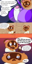 animal_crossing anthro ass bob_(animal_crossing) comic dialogue domestic_cat duo felid feline felis hi_res humor kicks_(animal_crossing) male male/male mammal mazilion mephitid nintendo phone phone_call procyonid raccoon skunk speech_bubble story tom_nook video_games