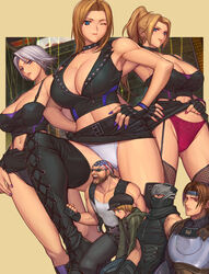 3girls 4boys bass_armstrong black_skirt blonde_hair blue_eyes breasts brown_hair christie_(doa) cleavage dead_or_alive dead_or_alive_5 eliot_(doa) female gaijin_4koma hayate_(doa) ibanen large_breasts leather_skirt long_hair looking_at_viewer meme miniskirt multiple_boys multiple_girls ninja ninja_gaiden one_eye_closed panties pencil_skirt purple_eyes rachel_(ninja_gaiden) ryu_hayabusa short_hair silver_hair skirt skirt_lift smile sunglasses tina_armstrong underwear very_short_hair voluptuous