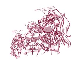 2018 3girls amazon angry ass big_ass big_breasts black_and_white breast_envy breasts breasts_bigger_than_head brother_complex chuunibyou cleavage dialogue dress eyepatch female female_only giantess glasses gothic_lolita heart huge_breasts jealous jeans long_hair megan_james_(n647) monochrome n647 nipple_bulge nipples_visible_through_clothing original_character rose_drake_(n647) shorts size_difference smile smiling stockings t-shirt taller_girl text thick_thighs thin_waist twintails very_long_hair violet_drake_(n647) voluptuous wide_hips