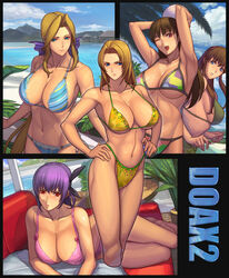 5girls armpits arms_up ayane_(doa) ball beach beachball bikini blonde_hair blue_eyes blush breasts brown_hair cleavage dead_or_alive dead_or_alive_xtreme_beach_volleyball hair_ribbon hands_on_hips helena_douglas highleg hitomi_(doa) ibanen kasumi_(doa) large_breasts legs lei_fang long_hair lying multiple_girls navel one_eye_closed open_mouth pool purple_hair red_eyes ribbon short_hair side-tie_bikini sideboob swimsuit tecmo tina_armstrong underboob voluptuous wink