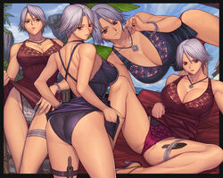 1girls ass bare_shoulders breasts cameltoe christie_(doa) cleavage collarbone dead_or_alive dress dress_lift female from_behind garters high_heels huge_breasts ibanen jewelry knife large_breasts looking_back multiple_views necklace panties short_hair silver_hair underwear voluptuous white_hair