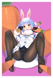 absurdres animal_ears black_legwear blue_hair braid bunny_ears clothed_female coat footjob footjob_with_legwear fur-trimmed_gloves fur_scarf fur_trim gloves handjob highres hololive hololive_fantasy hololive_japan nipples pantyhose playboy_bunny pochif rabbit_girl simple_background thick_eyebrows twin_braids usada_pekora virtual_youtuber white_coat