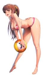 1girls ass ass_cleavage ass_cutout ball bangs barefoot bent_over bikini blush breasts brown_hair butt_crack cleavage dead_or_alive dead_or_alive_xtreme_beach_volleyball destiny_child female holding holding_ball huge_breasts kasumi_(doa) kim_hyung_tae_(jamm3rd) light-skinned_female light_skin long_hair official_art open_mouth pink_bikini ponytail shiny shiny_hair shiny_skin solo swimsuit transparent_background volleyball voluptuous