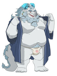 2020 anthro asian_clothing belly bluewhale127 bulge clothing dragon east_asian_clothing fundoshi grey_body hi_res humanoid_hands japanese_clothing kemono male male_only moobs overweight overweight_anthro overweight_male robe simple_background solo underwear white_background