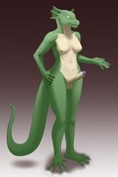 1futa anthro athletic athletic_anthro athletic_gynomorph athletic_intersex balls breasts claws ear_fins erection fin frown futanari gecko_(fallout) genitals gynomorph hi_res intersex medium_breasts penis pinup pose rozlin_sukal scalesnveins scowl solo solo_futa