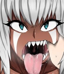 1girls abs big_mouth blue_eyes cat_eyes close-up dark-skinned_female dark_skin eye_contact eyelashes facial_mark facial_markings female finger_in_another's_mouth finger_in_mouth fringe imminent_deepthroat imminent_oral large_breasts long_tongue mouth_fetish mouth_shot muscular_female open_eyes open_mouth oral original pov presenting_throat sharp_teeth short_hair silver_hair slit_pupils spread_mouth teeth throat tomboy tongue tongue_out white_hair wide_eyed zinga_(zokusuke) zokusuke